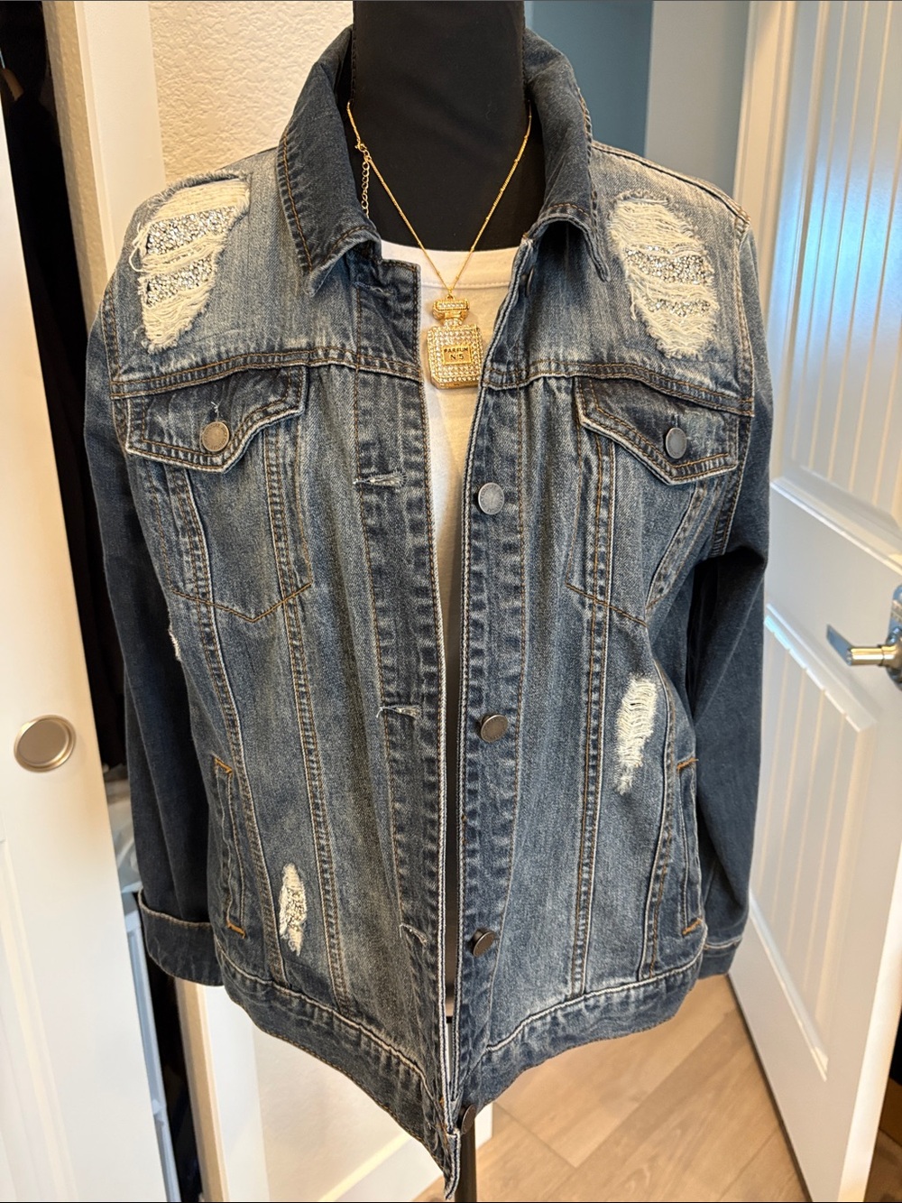 New Juicy Couture Dark Blue Denim Jacket with Branded Snap with Blingy accents L
